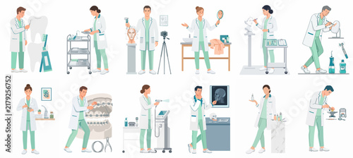 Comprehensive collection of male and female dental and medical professionals working with specialized equipment, anatomical models, and tools in a clinic setting.