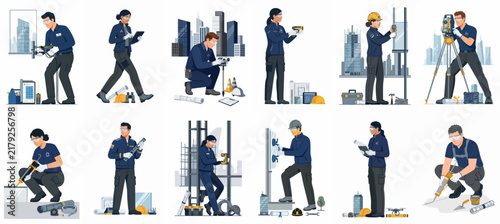 Diverse team of professional construction workers, engineers, and surveyors in blue uniforms performing various on-site tasks, modern vector illustration set.