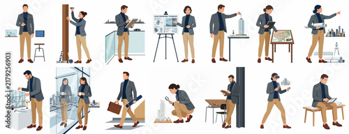 Collection of male and female architects and engineers working on building design, construction projects, and urban planning using various tools and technologies.