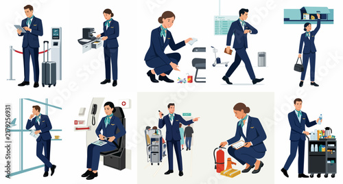 Vector collection of male and female flight attendants performing various professional duties at the airport and on board an aircraft.