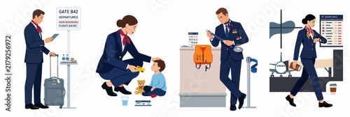 Collection of illustrations featuring professional flight attendants and airline staff performing various duties in an airport and cabin environment.