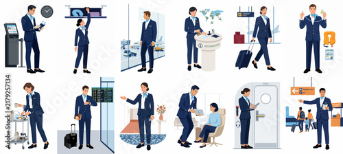 Flat Vector Illustration Set of Airline Cabin Crew and Ground Staff Performing Various Professional Tasks at the Airport and In-flight