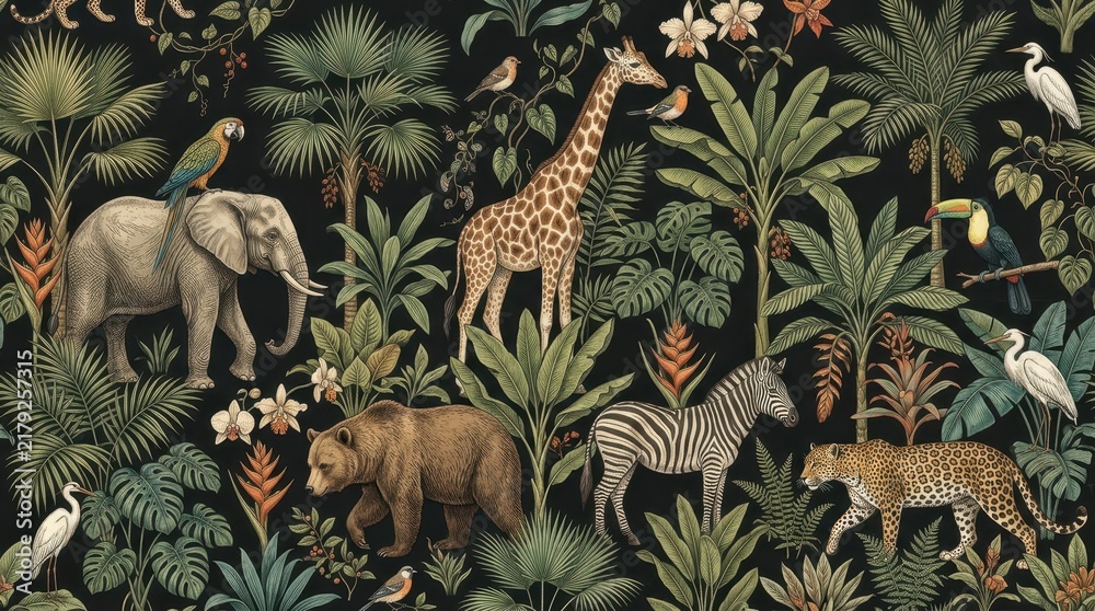 Obraz premium Vintage Jungle Safari Pattern with Elephant Giraffe Zebra Leopard and Tropical Plants on Black Background