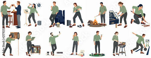 Set of flat illustrations depicting diverse people enjoying various indoor and outdoor hobbies, leisure activities, and social gatherings.