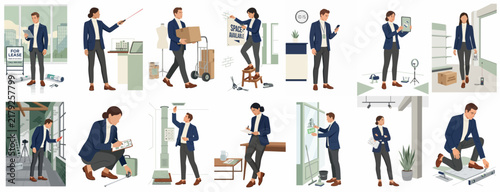 A set of 12 flat illustrations showing business owners and retail managers preparing for a grand opening, including tasks like renovation, merchandising, and operations.