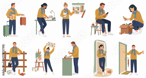 Collection of flat vector illustrations depicting a young man and woman in various daily life activities, from traveling to creative hobbies.