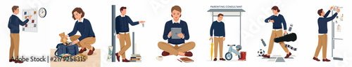 Flat vector illustrations of a young man's daily routine, including planning, packing, commuting, working, and pursuing hobbies in various everyday scenarios.