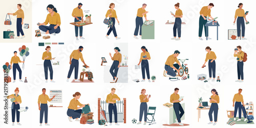 Set of flat vector illustrations showing diverse people engaged in various daily activities, chores, hobbies, and work-from-home routines on a white background.