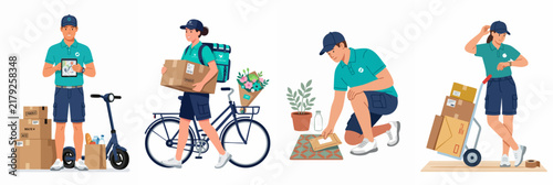 Vector characters of delivery service staff in uniform providing express shipping of parcels and food using scooter, bike, and hand truck.