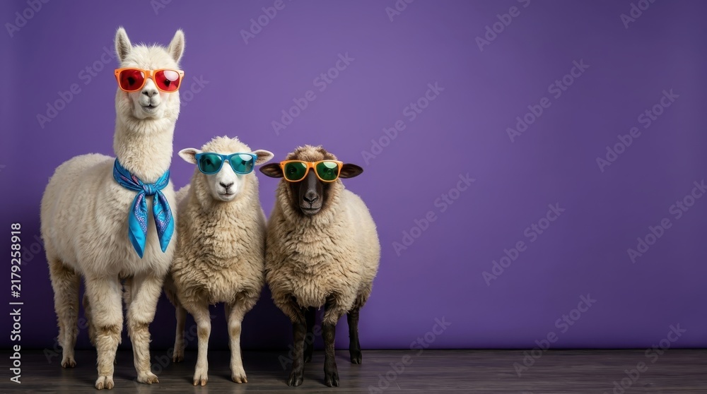 Obraz premium Funny Alpaca and Sheep Wearing Sunglasses and Scarf Standing Against Purple Background with Copy Space