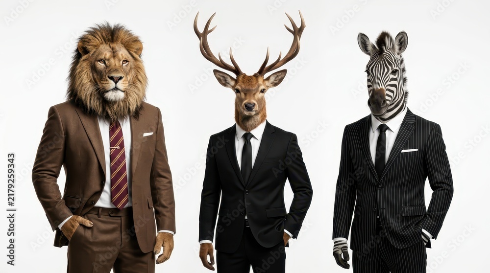 Obraz premium Surreal Business Concept with Lion Deer and Zebra in Formal Suits Standing Against White Background