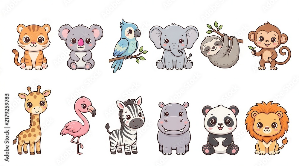 Fototapeta premium Cute Cartoon Baby Animals Collection Featuring Lion, Tiger, Panda, Elephant, and Giraffe for Kids Design