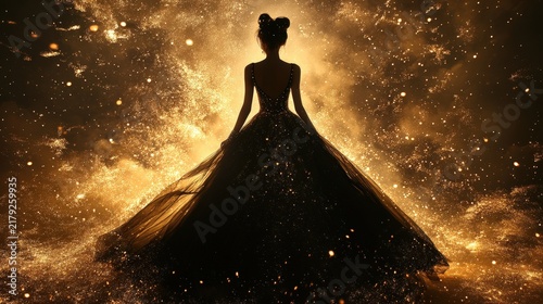 Silhouette of a woman in a ball gown standing amidst swirling golden magical sparkles
