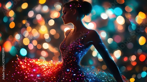Elegant woman in a sparkling sequin dress posing against a vibrant colorful bokeh background.