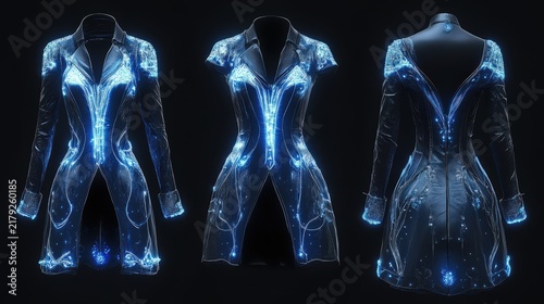 Futuristic glowing blue LED fashion suit design for digital avatar or sci-fi character concept