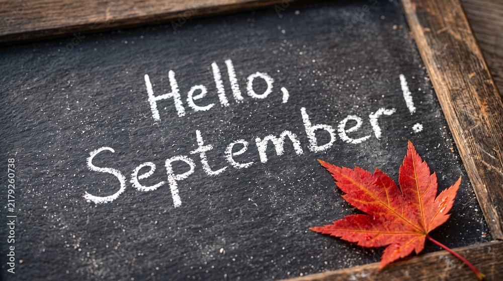 Fototapeta premium hello september chalk board with maple leaves