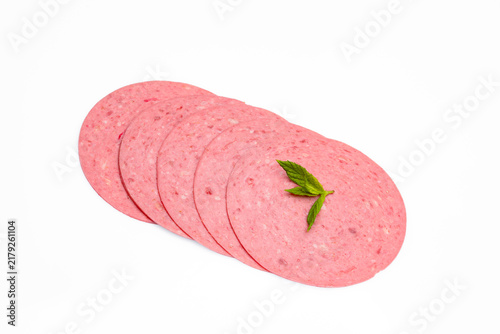 Sliced Salami on White Background.	