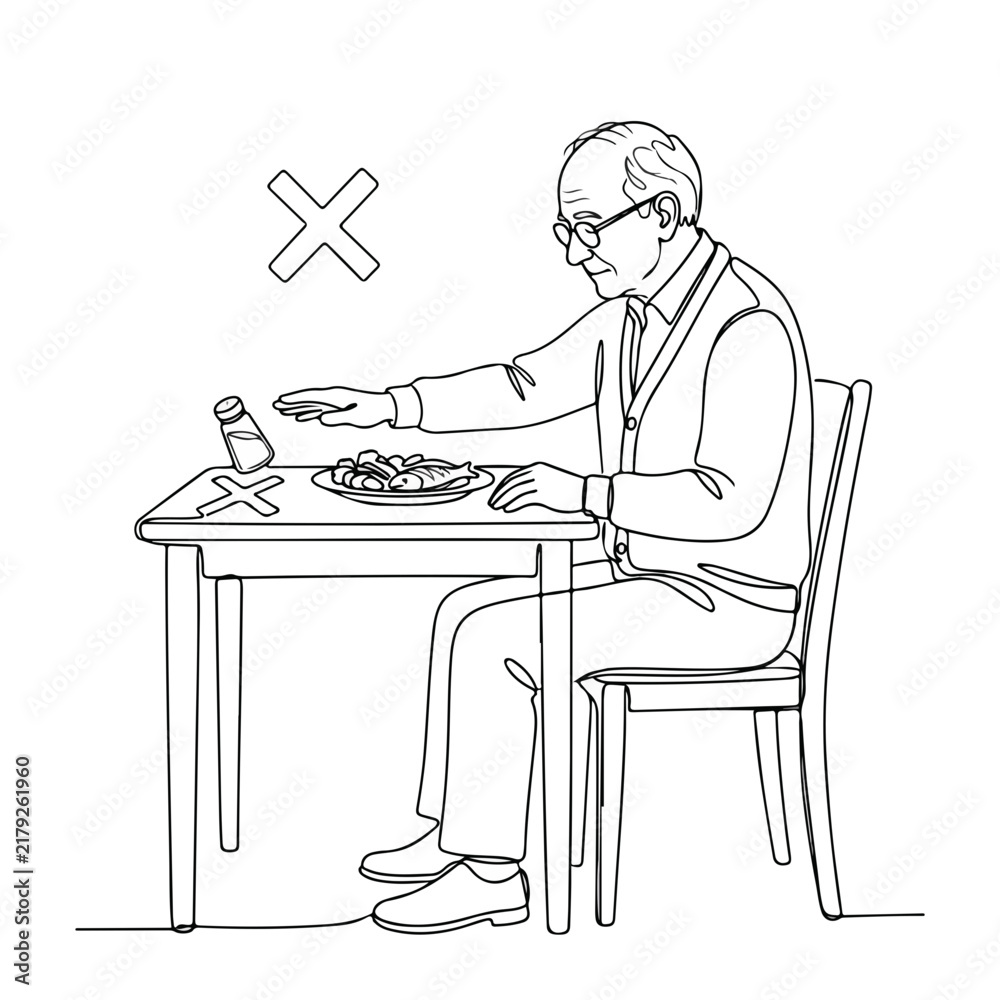 Fototapeta premium Elderly man avoiding salt while preparing meal at dining table and focusing on healthy eating.