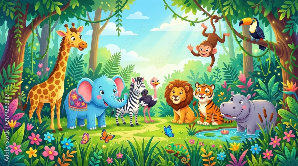 Obraz premium Cute Cartoon Wild Animals in Jungle Illustration with Lion Elephant Giraffe and Tiger for Children Education
