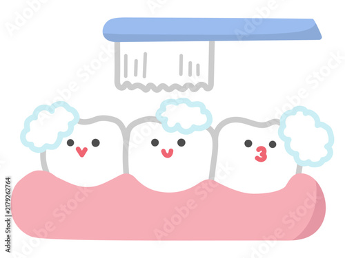 歯ブラシで磨かれているきれいな歯と歯茎のかわいいイラスト