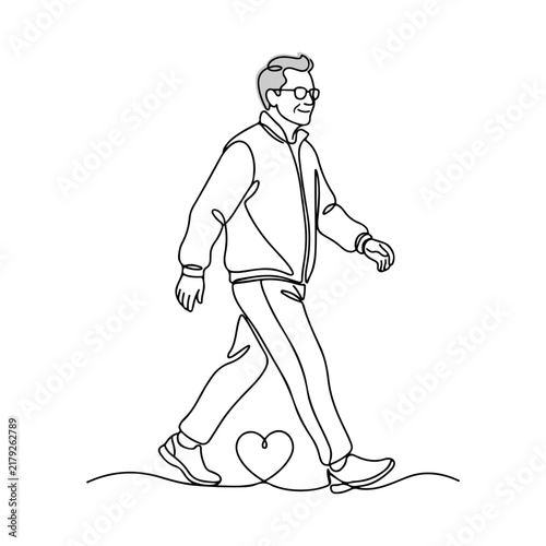 Senior walking for heart health with confident strides on white background. Walking scene features active senior man in sportswear, promoting heart wellness.