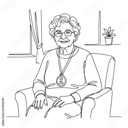 Senior woman relaxing in chair with medal on neck and smiling at home. Elderly woman exudes warmth and joy while sitting comfortably in living room with plant in background.