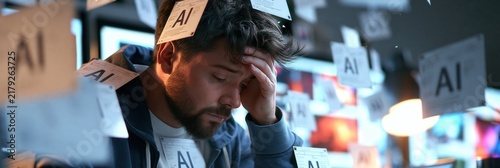 Stressed man feeling overwhelmed by floating ai concept cards, illustrating technology pressure and digital burnout