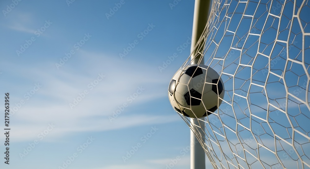 Obraz premium Soccer ball scores in goal net under a bright blue sky