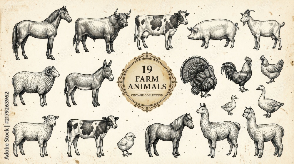 Obraz premium Vintage Farm Animals Collection - 19 Hand-Drawn Engraving Style Illustrations of Livestock and Poultry on Aged Paper