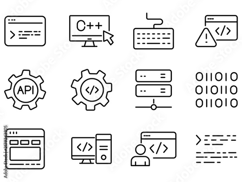 Programming line icon set, software development and coding vector symbols, 12 web engineering and API integration icons