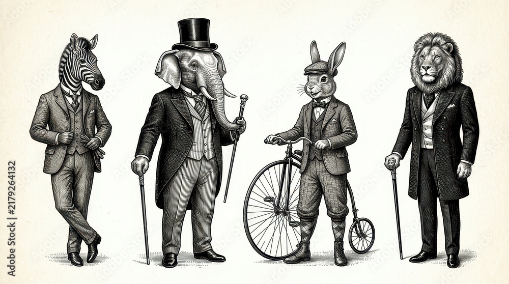 Obraz premium Vintage Style Illustration of Anthropomorphic Animals in Victorian Suits Featuring Elephant Lion Zebra and Rabbit