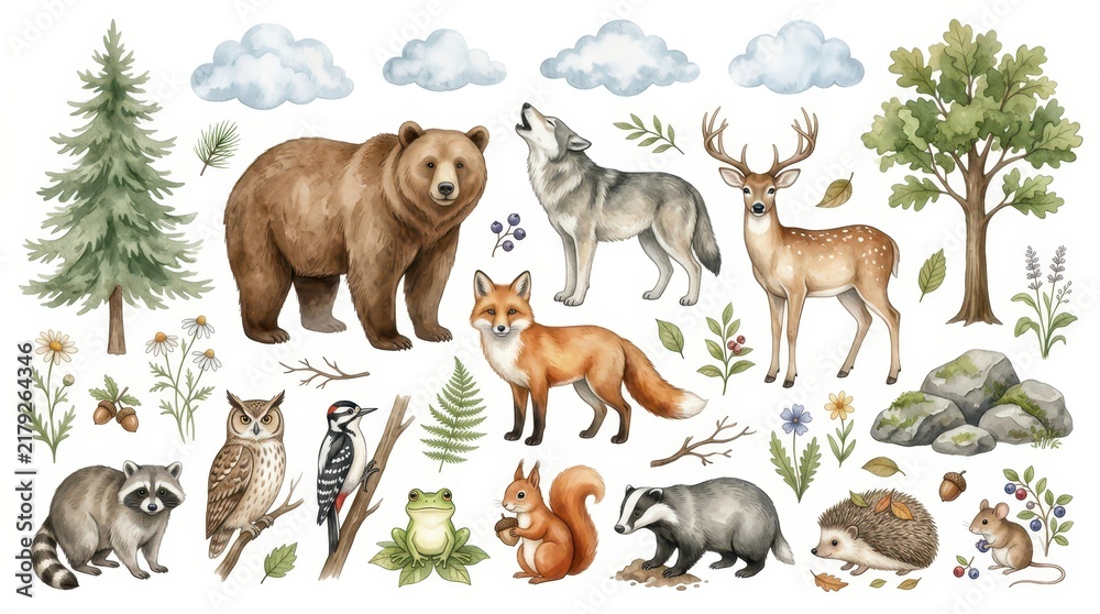 Obraz premium Watercolor Forest Animals and Woodland Elements Set - Bear, Wolf, Deer, Fox, Owl, and Raccoon Illustrations for Design Projects