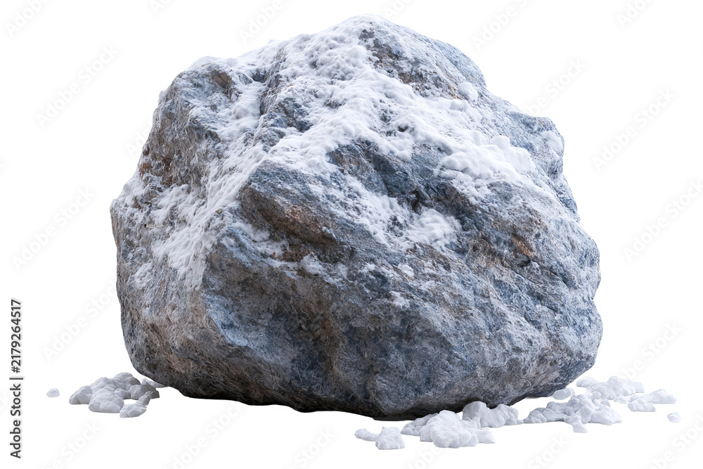 Fototapeta premium Snow covered garden rock with natural stone texture, isolated PNG on transparent background