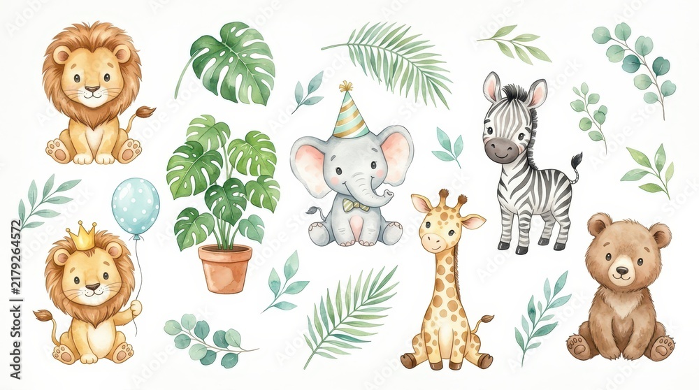 Naklejka premium Cute Watercolor Safari Animals Clipart Set with Lion Elephant Zebra Giraffe Bear and Tropical Leaves for Nursery Decor