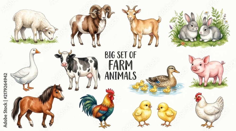 Obraz premium Big Set of Farm Animals Watercolor Illustration Collection with Cow, Horse, Pig, Sheep, and Poultry Isolated on White
