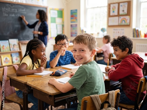 Diverse group of elementary students smiling in a classroom setting
