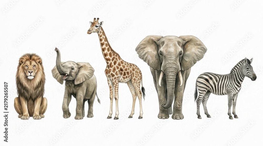 Fototapeta premium Watercolor Illustration of African Safari Animals Including Lion, Elephant, Giraffe, and Zebra on White Background.