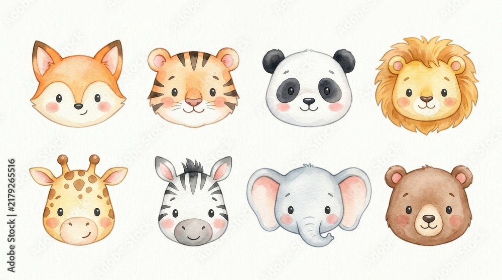 Obraz premium Cute Watercolor Safari and Forest Animal Faces Set - Fox, Tiger, Panda, Lion, Giraffe, Zebra, Elephant, and Bear Illustrations