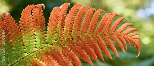Close up of autumn fern fronds with orange and green pinnate structure