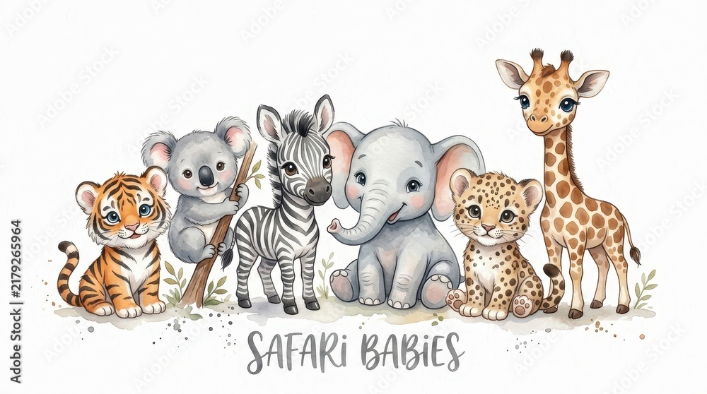 Obraz premium Cute Watercolor Safari Baby Animals Collection Featuring Tiger, Koala, Zebra, Elephant, Leopard, and Giraffe