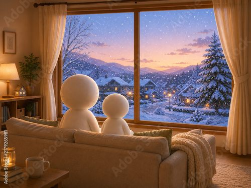 Plakat w ramie 暖かいリビングの窓辺から雪景色を眺める親子 冬の家族団らんの3Dイラスト