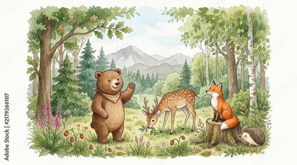 Fototapeta premium Cute Watercolor Forest Animals Illustration with Bear, Deer, Fox, and Hedgehog in a Woodland Landscape