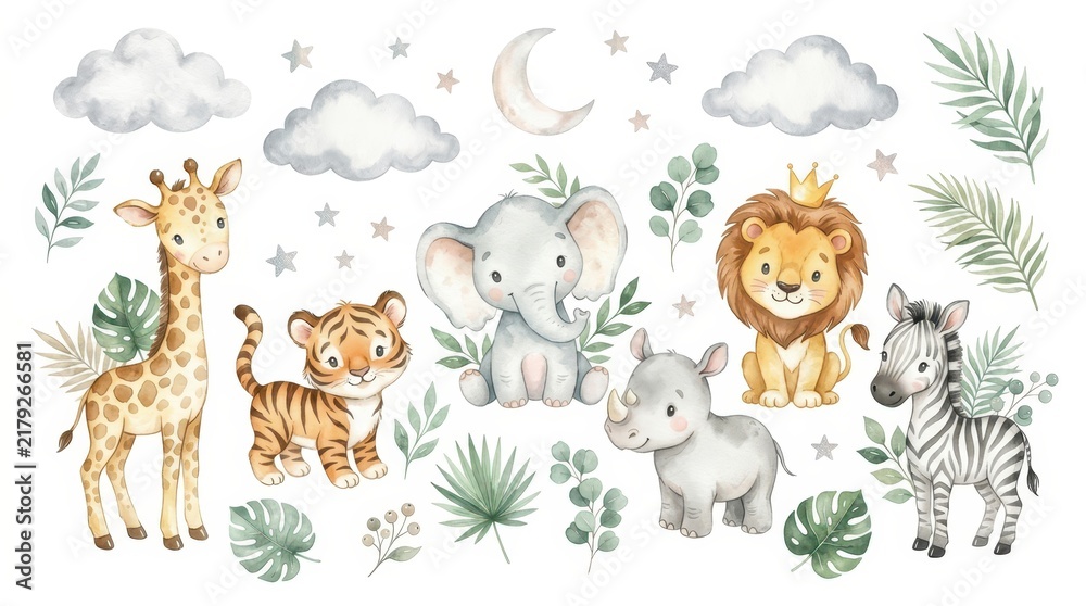 Fototapeta premium Watercolor Baby Safari Animals Set - Cute Giraffe, Tiger, Elephant, Rhino, Lion, and Zebra with Tropical Leaves and Stars