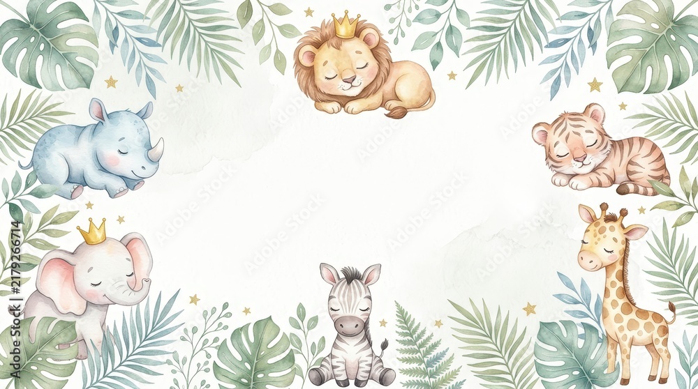 Obraz premium Watercolor Baby Safari Animals Frame with Sleeping Lion Tiger Elephant Giraffe Zebra and Rhino for Nursery Decor