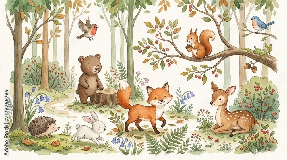 Obraz premium Watercolor Forest Animals Illustration with Fox, Deer, Bear, Rabbit, and Squirrel in a Whimsical Woodland Scene
