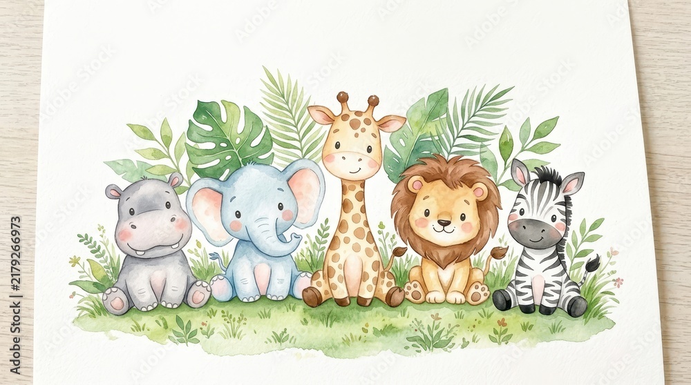 Obraz premium Cute Watercolor Safari Animals Illustration with Baby Lion Elephant Giraffe Zebra and Hippo for Nursery Decor