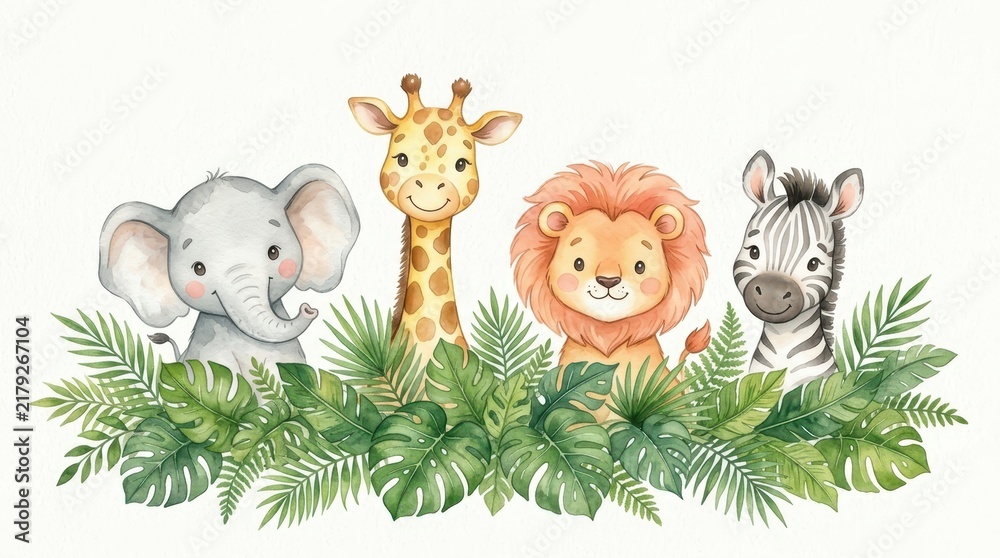 Fototapeta premium Cute Watercolor Safari Animals Illustration with Elephant Giraffe Lion and Zebra in Tropical Jungle Leaves for Nursery Decor
