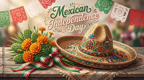 Traditional Sombrero and Cactus Flower Bouquet for Mexican Independence Day.