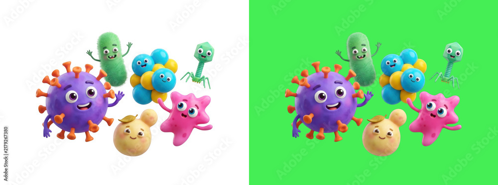 Fototapeta premium Cute cartoon microbe and bacteria characters 3D