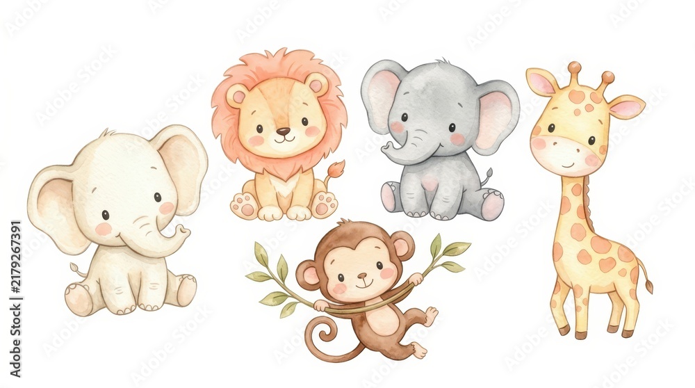 Obraz premium Cute Watercolor Safari Animals Set - Baby Elephant, Lion, Monkey, and Giraffe Illustrations for Nursery Decor and Baby Shower